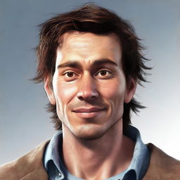 A realistic, high-quality digital art image of a man in his 30s who is lanky, dorky, with prominent crater-like acne scars and brown hair