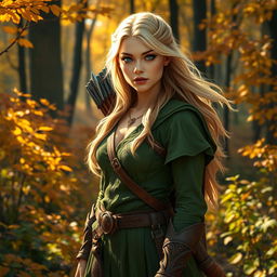 A female eladrin ranger with a beautiful autumn-toned skin and flowing blond hair