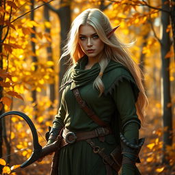 A female eladrin ranger with a beautiful autumn-toned skin and flowing blond hair