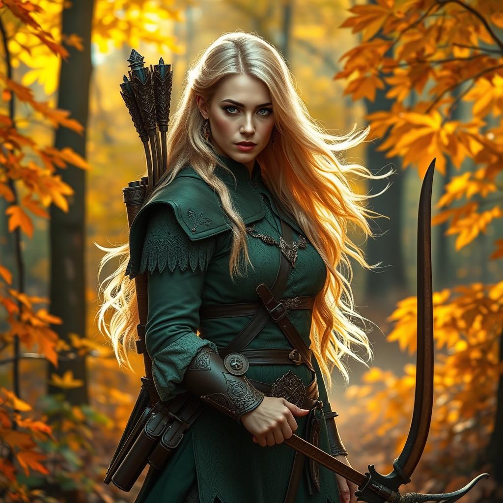 A female eladrin ranger with a beautiful autumn-toned skin and flowing blond hair