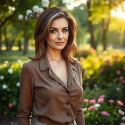 A sexy Russian woman aged 45-50 with a fashionable and elegant hairstyle that highlights her confidence