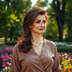 A sexy Russian woman aged 45-50 with a fashionable and elegant hairstyle that highlights her confidence