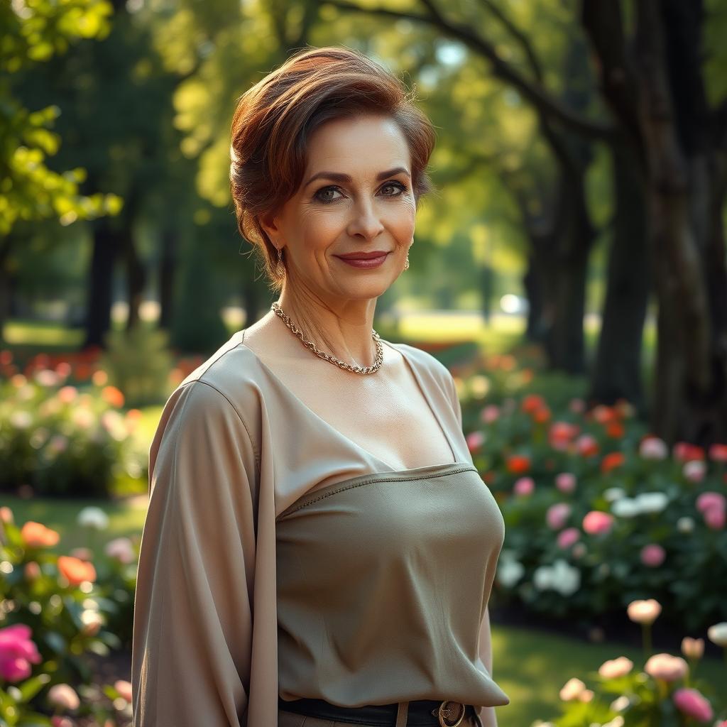 A sexy Russian woman aged 45-50 with a fashionable and elegant hairstyle that highlights her confidence