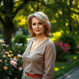 A sexy Russian woman aged 45-50 with a fashionable and elegant hairstyle that highlights her confidence
