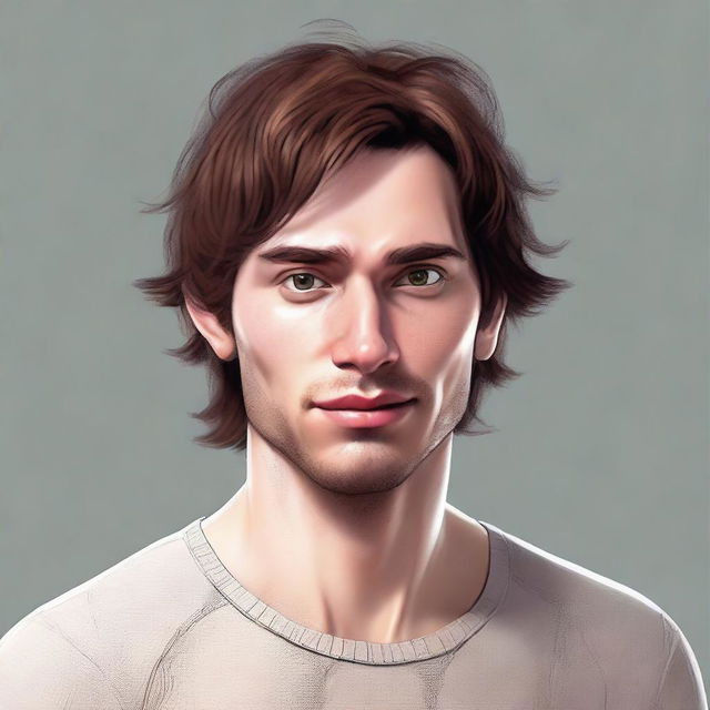 A realistic, high-quality digital art image of a man in his 30s who is lanky, dorky, with prominent crater-like acne scars and brown hair