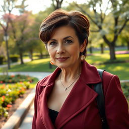 A sexy Russian woman aged 45-50 with a chic and fashionable hairstyle that accentuates her elegance