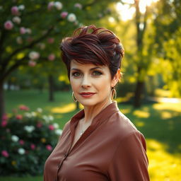 A sexy Russian woman aged 45-50 with a chic and fashionable hairstyle that accentuates her elegance