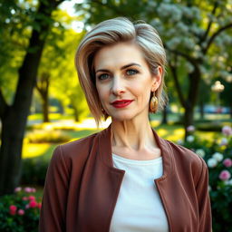 A sexy Russian woman aged 45-50 with a chic and fashionable hairstyle that accentuates her elegance