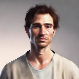 A realistic, high-quality digital art image of a man in his 30s who is lanky, dorky, with prominent crater-like acne scars and brown hair