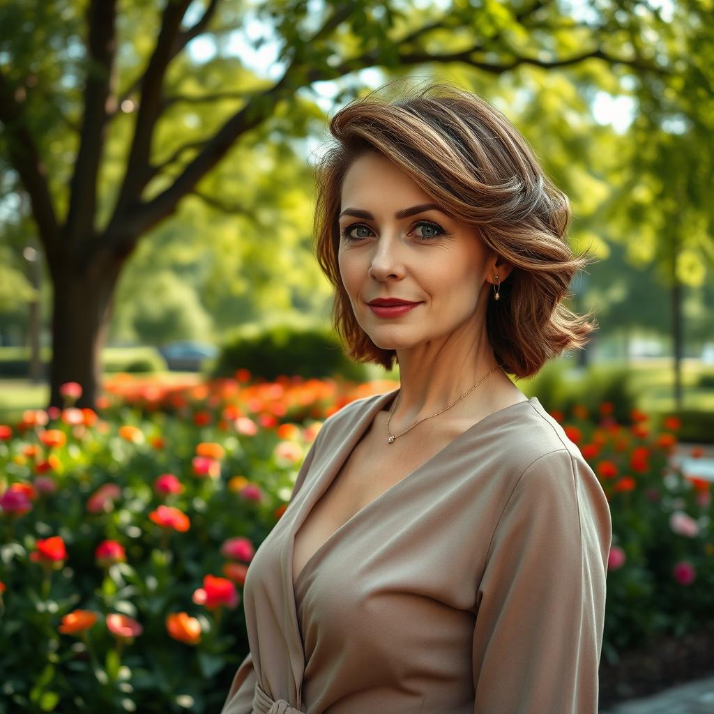 A sexy Russian woman aged 45-50 with a chic and modern hairstyle that enhances her elegant appearance