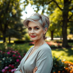A sexy Russian woman aged 45-50 with a chic and modern hairstyle that enhances her elegant appearance
