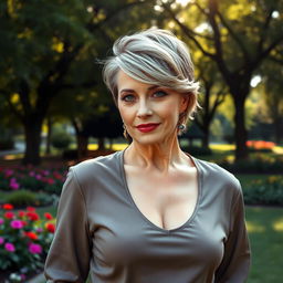 A sexy Russian woman aged 45-50 with a chic and modern hairstyle that enhances her elegant appearance
