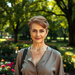 A sexy Russian woman aged 45-50 with a chic and modern hairstyle that enhances her elegant appearance