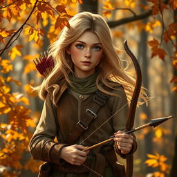 A young female eladrin ranger with enchanting autumn-toned skin and flowing blond hair