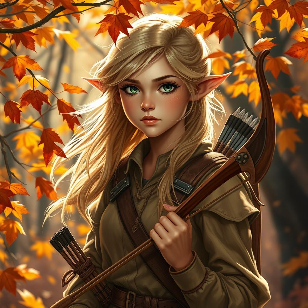 A young female eladrin ranger with enchanting autumn-toned skin and flowing blond hair
