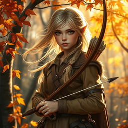 A young female eladrin ranger with enchanting autumn-toned skin and flowing blond hair