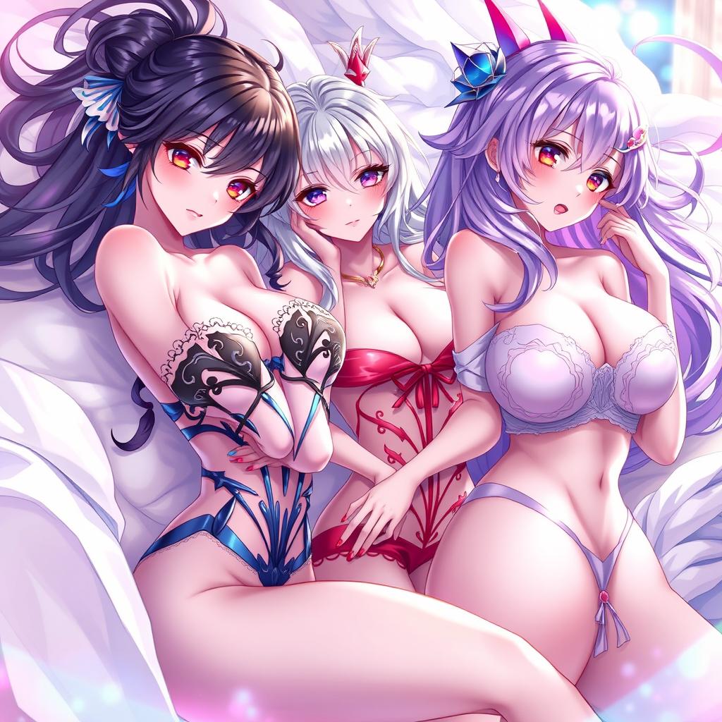 A visually striking erotic illustration of beautiful fantasy characters (waifus), depicted with captivating curves and stunning features