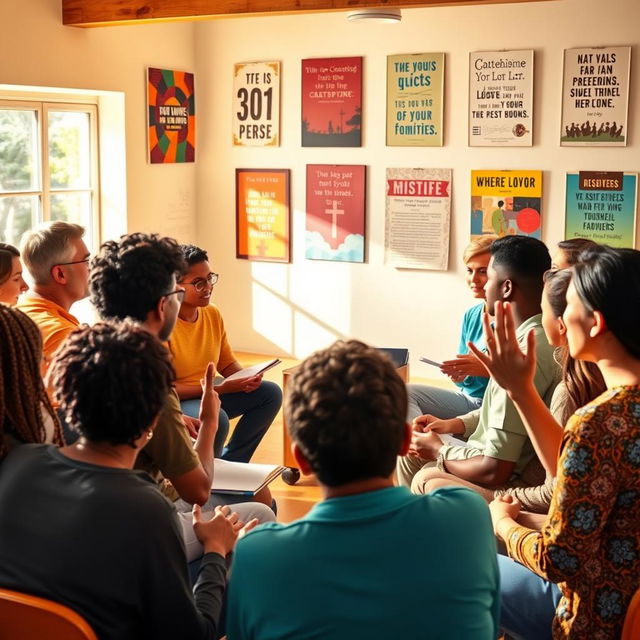 A vibrant and engaging scene depicting a Catechesis for Youth and Adults