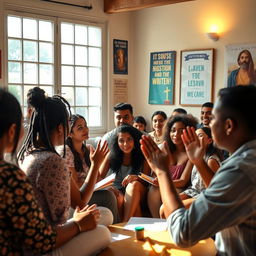 A vibrant and engaging scene depicting a Catechesis for Youth and Adults