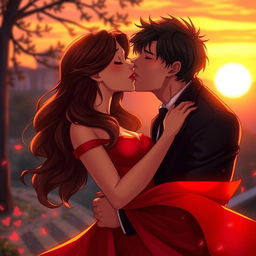 A realistic depiction of two characters passionately kissing in a romantic setting