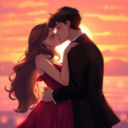 A realistic depiction of two characters passionately kissing in a romantic setting