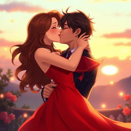 A realistic depiction of two characters passionately kissing in a romantic setting