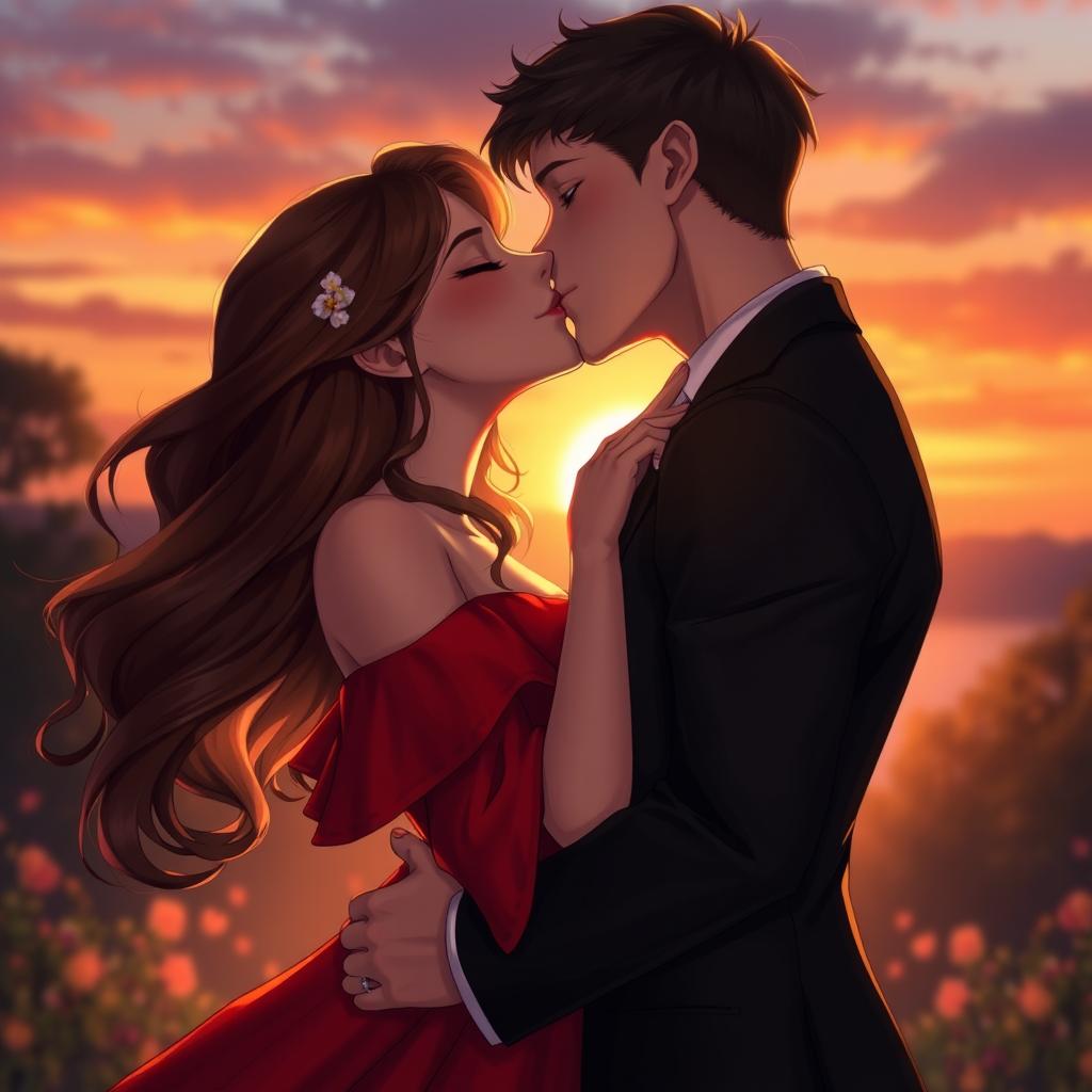 A realistic depiction of two characters passionately kissing in a romantic setting