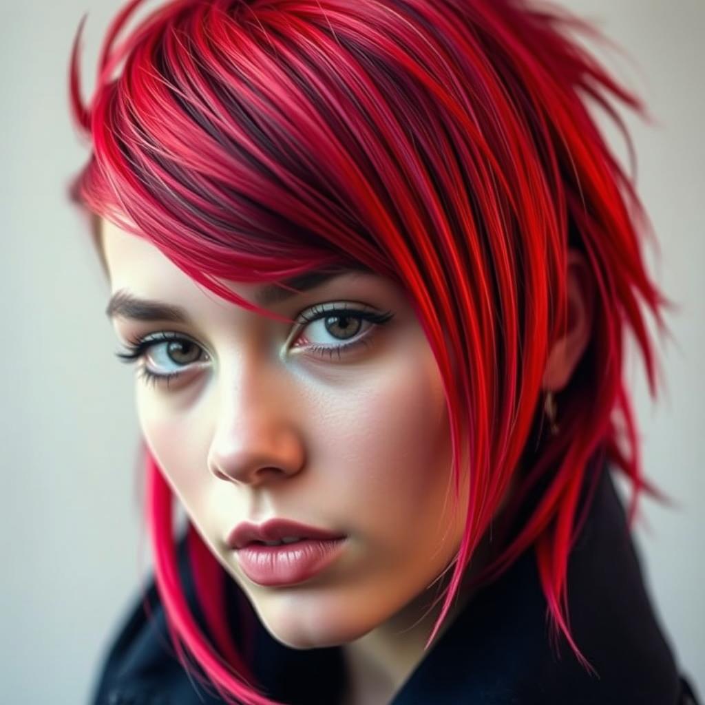 A detailed portrait of a person styled with vibrant streaks in their hair, resembling the highlights from reference image 2, infused with a striking shade of red similar to the color from reference image 3