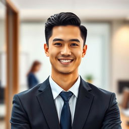A professional portrait of a confident individual wearing sophisticated business attire