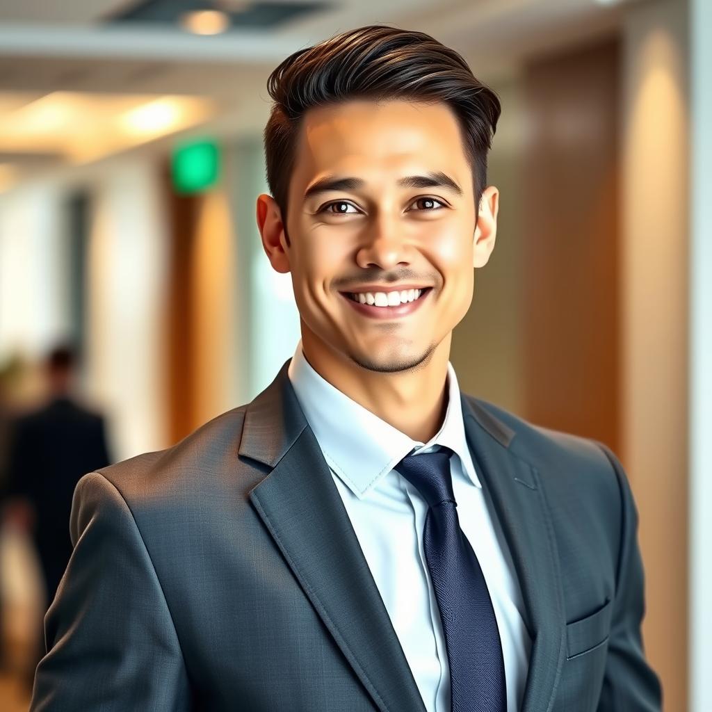 A professional portrait of a confident individual wearing sophisticated business attire