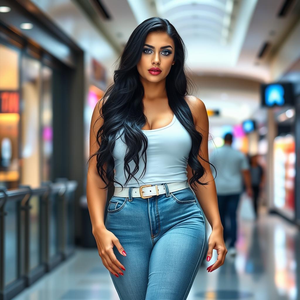 A full-length photograph of a sexy, curvy young woman with pale skin and stunning features