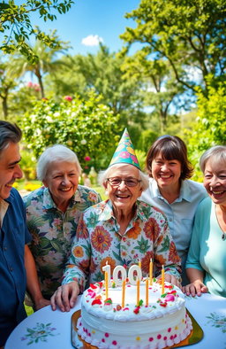 An elderly person celebrating their 100th birthday, smiling joyfully surrounded by family and friends in a lush garden setting
