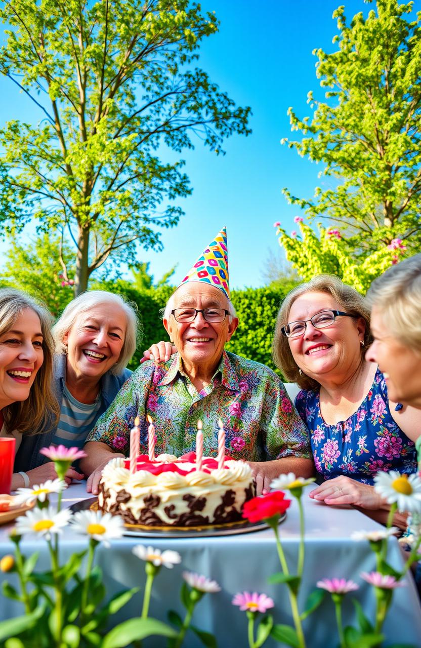 An elderly person celebrating their 100th birthday, smiling joyfully surrounded by family and friends in a lush garden setting