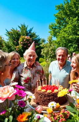 An elderly person celebrating their 100th birthday, smiling joyfully surrounded by family and friends in a lush garden setting
