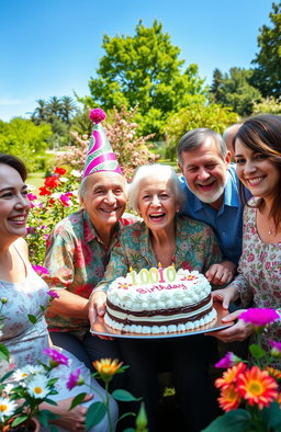 An elderly person celebrating their 100th birthday, smiling joyfully surrounded by family and friends in a lush garden setting