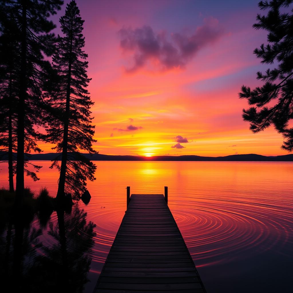 A stunning sunset over a tranquil lake, with vibrant hues of orange, pink, and purple reflecting on the water's surface