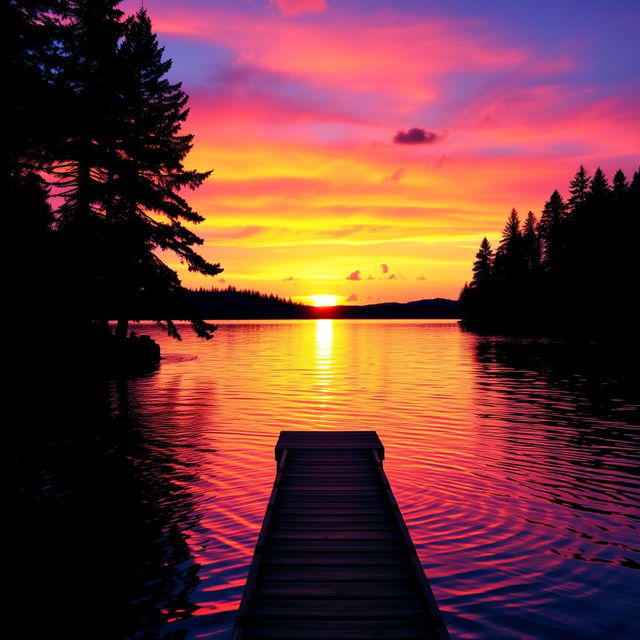 A stunning sunset over a tranquil lake, with vibrant hues of orange, pink, and purple reflecting on the water's surface