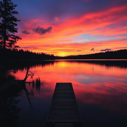 A stunning sunset over a tranquil lake, with vibrant hues of orange, pink, and purple reflecting on the water's surface