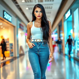 A full-length photograph of a stunningly beautiful young woman with pale skin and long black hair, showcasing her crystal blue eyes highlighted with bright frosted pastel blue eye shadow, thick black eyeliner, and long eyelashes