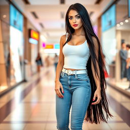 A full-length photograph of a stunningly beautiful young woman with pale skin and long black hair, showcasing her crystal blue eyes highlighted with bright frosted pastel blue eye shadow, thick black eyeliner, and long eyelashes