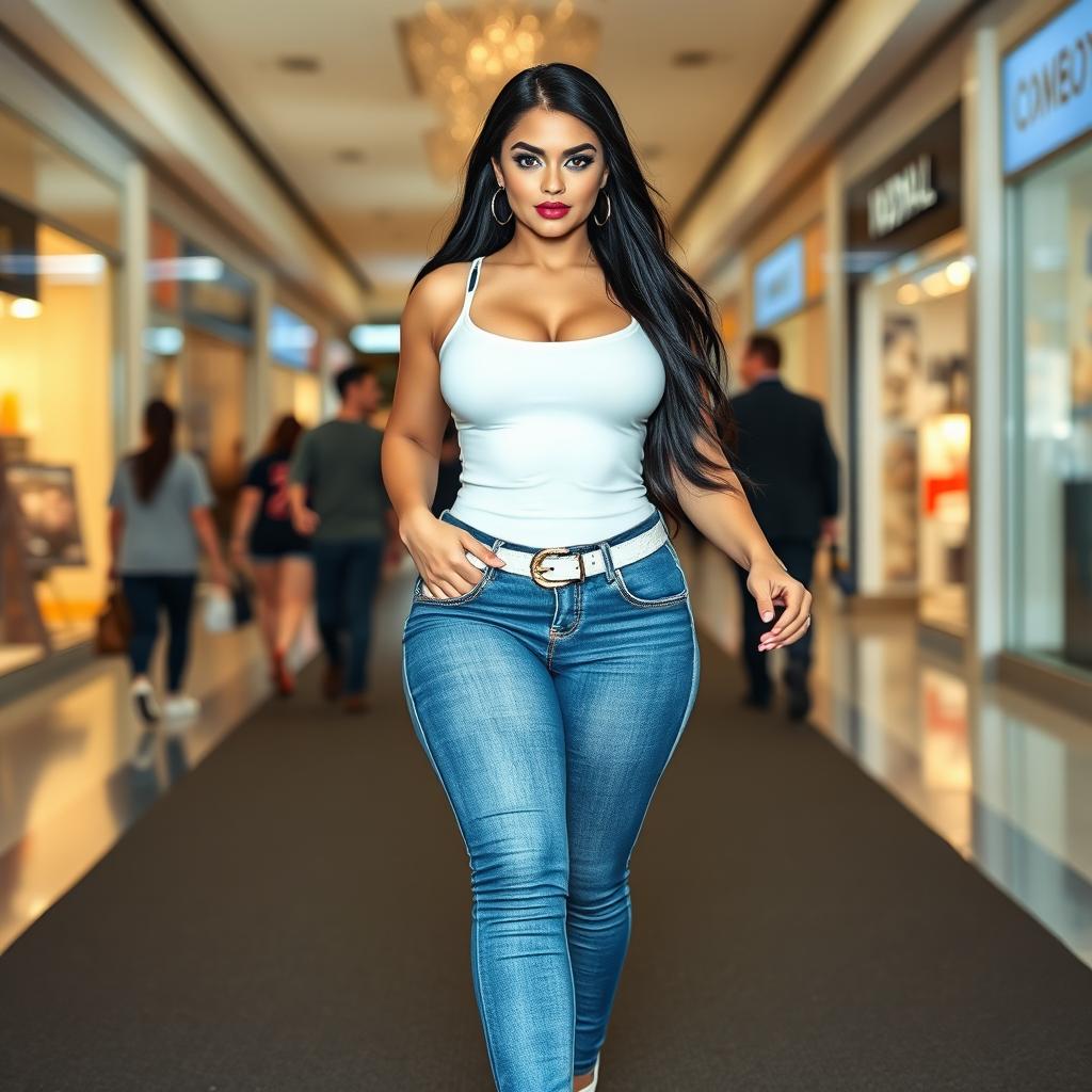 A full-length photograph of a gorgeous, thick, curvy young woman with pale skin and long black hair, featuring striking crystal blue eyes adorned with bright frosted pastel blue eye shadow, thick black eyeliner, and long eyelashes