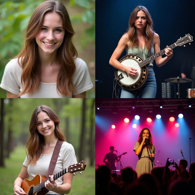 A series of four images featuring a female folk singer in her mid-20s, who is Caucasian with brown hair