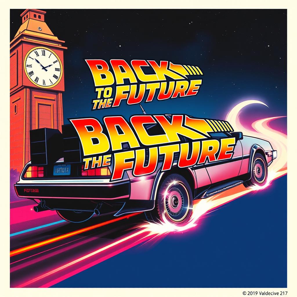 A retro-inspired film poster for 'Back to the Future', featuring vibrant colors and a dynamic design