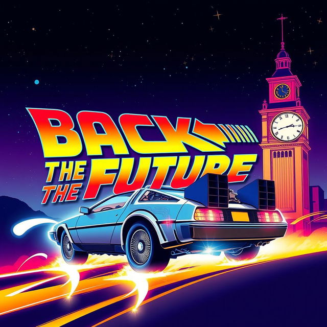 A retro-inspired film poster for 'Back to the Future', featuring vibrant colors and a dynamic design
