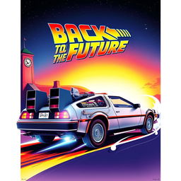 A retro-inspired film poster for 'Back to the Future', featuring vibrant colors and a dynamic design