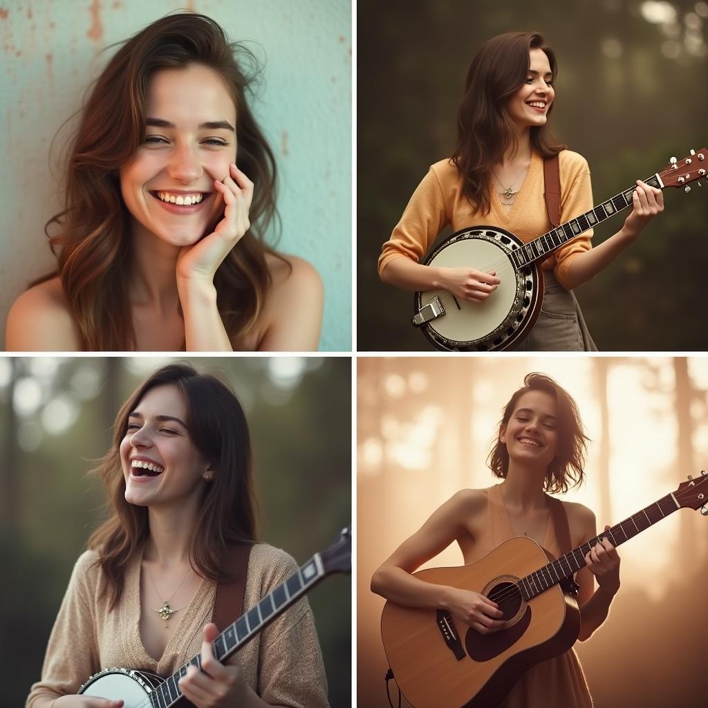 A series of four images featuring a female folk singer in her mid-20s, who is Caucasian with brown hair