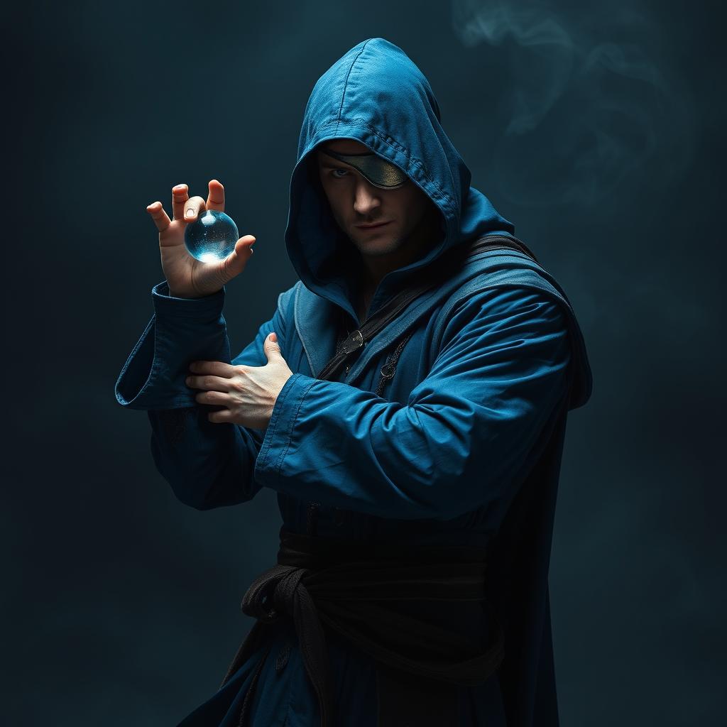 An elegant 25-year old male sorcerer, poised in a dynamic combat stance, standing in a dark and ominous environment filled with swirling shadows