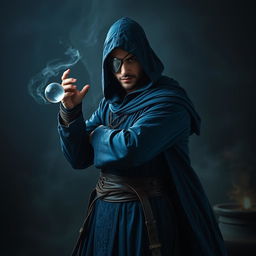 An elegant 25-year old male sorcerer, poised in a dynamic combat stance, standing in a dark and ominous environment filled with swirling shadows
