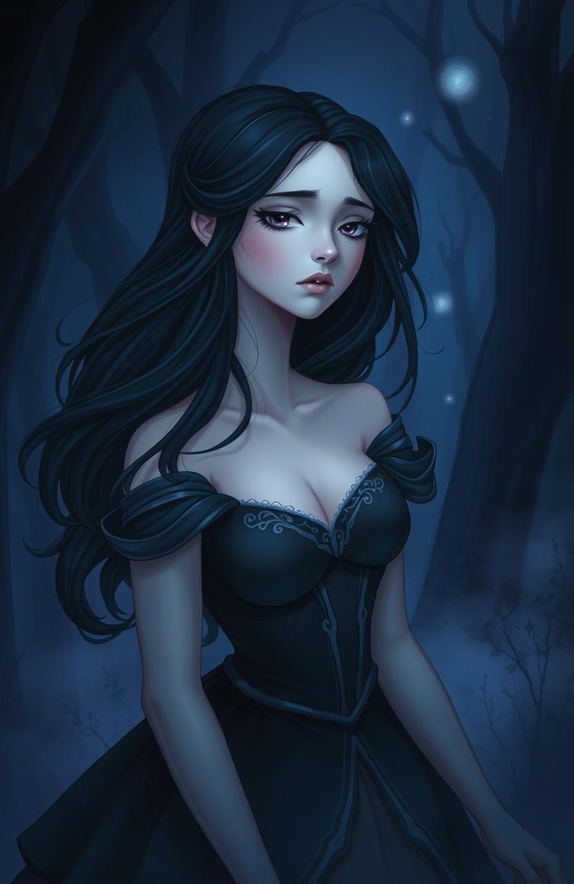A princess in a dark, enchanted forest, surrounded by shadowy trees and mist, her expression reflecting sadness and mystery