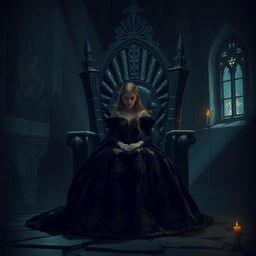 A lonely princess sitting on a stone throne in a dimly lit, ancient castle, her gaze distant and sorrowful